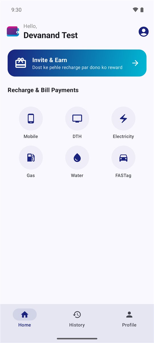 AajPay home screen with Mobile, DTH, Electricity, Gas, Water and FASTag
